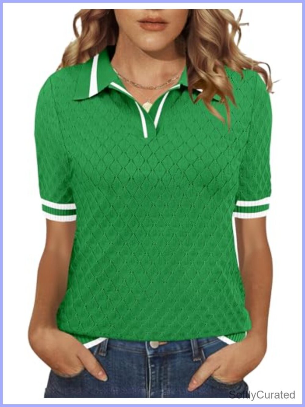 Womens Short Sleeve Knit Polo Sweater V-Neck Pullover Top
